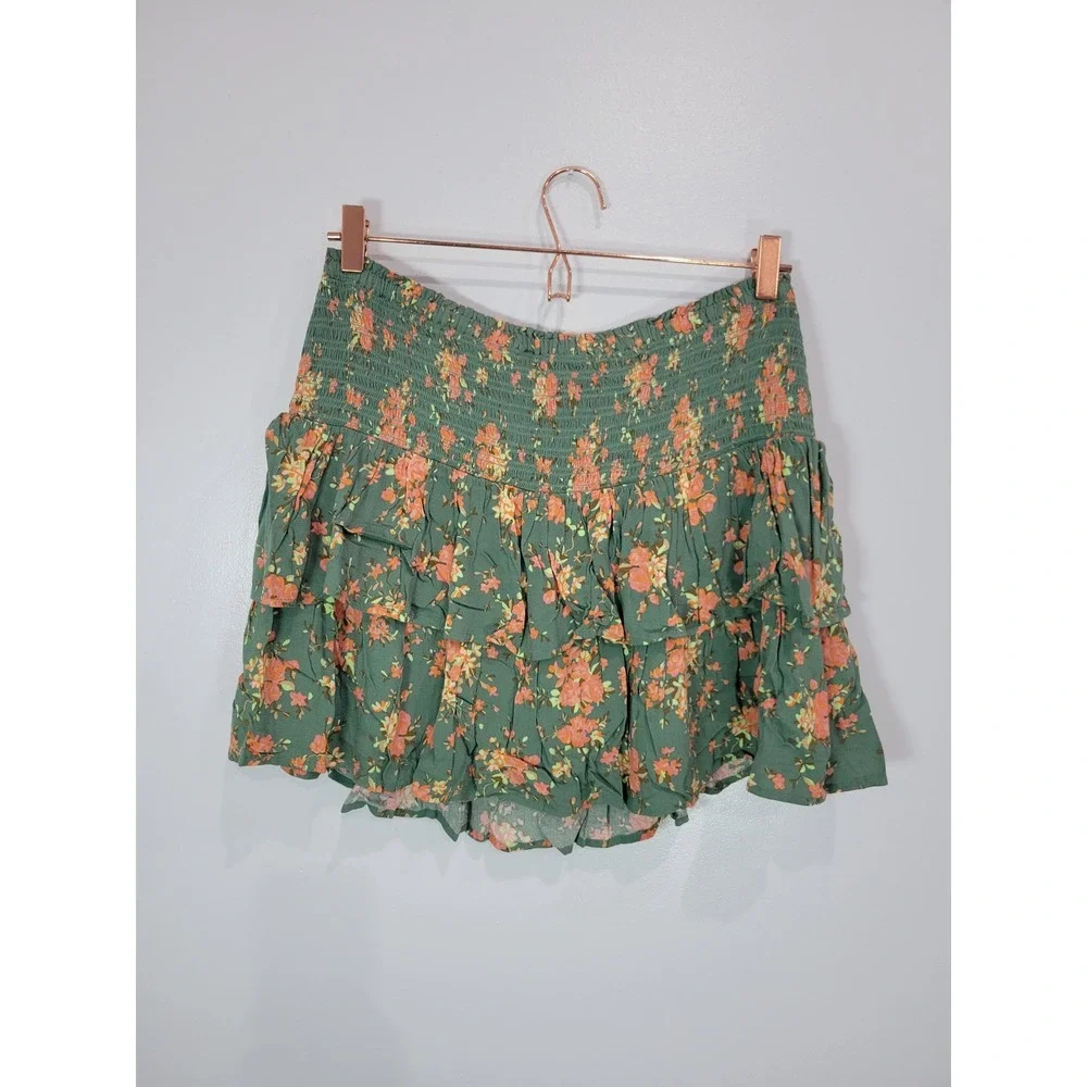 Aerie‎ Smocked Tiered Floral Mini Skirt Green Orange Womens L